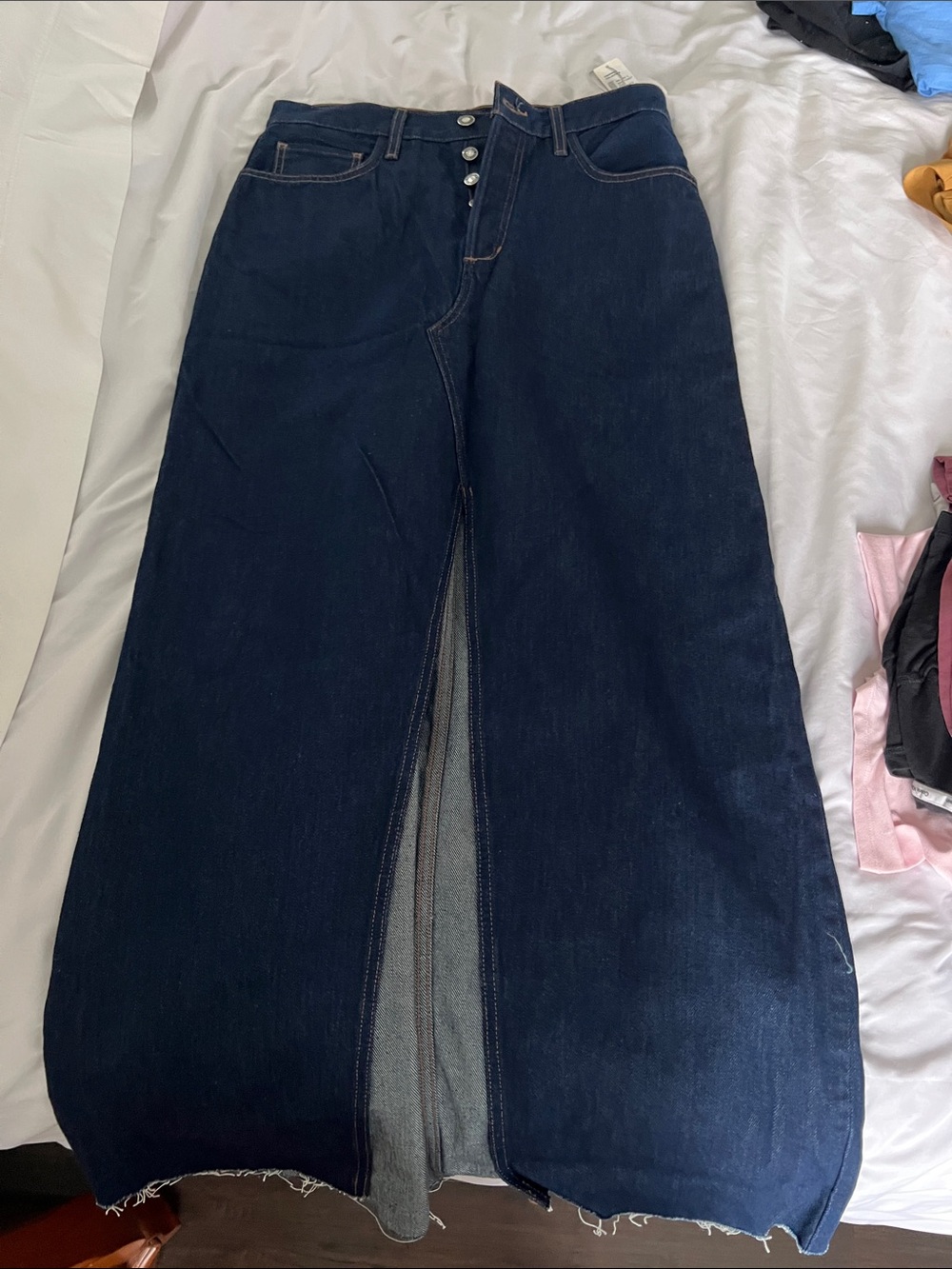 Favorite Daughter Dark Blue Wide-Leg Denim Skirt-Jeans with Center Front Slit